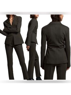 Zara women olive khaki green ruched blazer jacket hook eye closure Sz XL NWOT